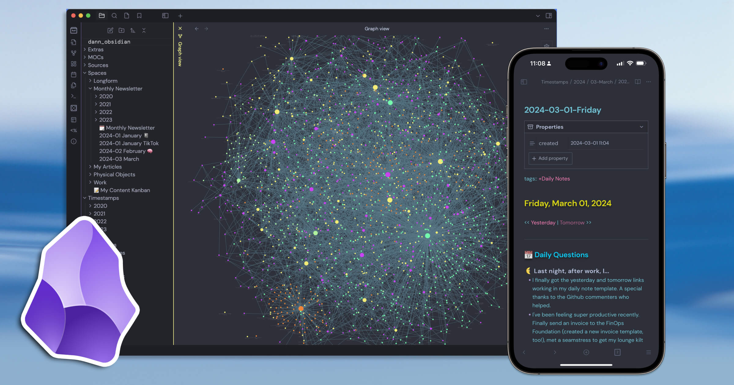 MacOS desktop with Obsidian open to graph view. Also an iPhone with Obsidian app open to daily note. Obsidian icon on the top right corner