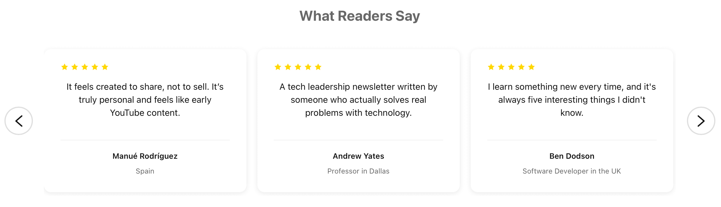 Screenshot of the testimonials section of the website. There are three testimonials shown under a headline that says “what readers say”